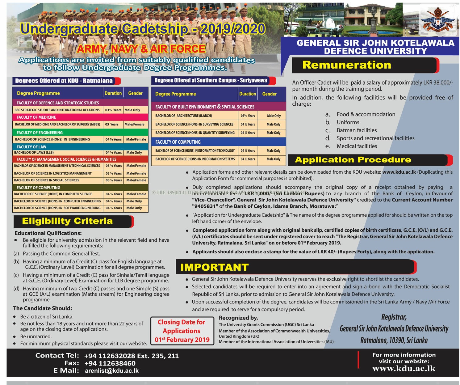 Undergraduate Cadetship - General Sir John Kothalawala Defence University